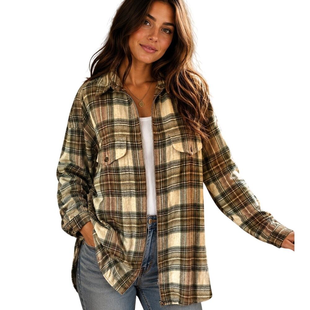 Ralph Lauren Plaid Flannel Full Zip Jacket Womens Large Lightweight Casual